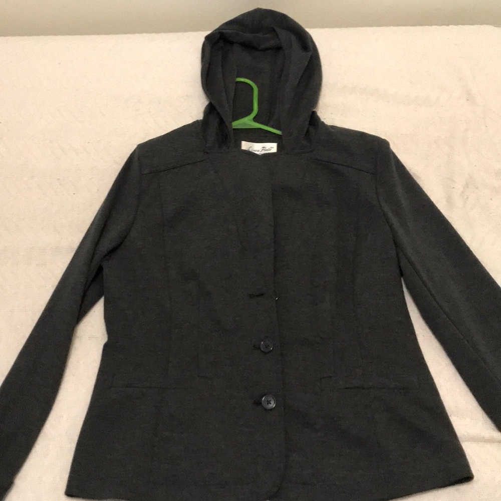 Dark gray button up hoodie.